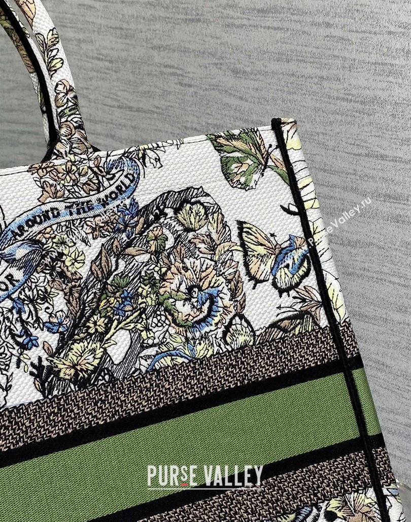 Dior Large Book Tote Bag in White and Green Butterfly Around The World Embroidery 2023 (XXG-231115032)