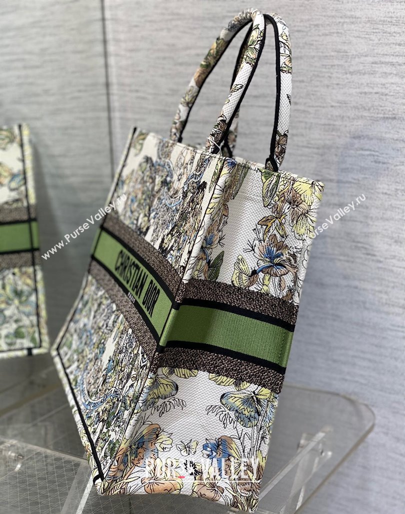 Dior Large Book Tote Bag in White and Green Butterfly Around The World Embroidery 2023 (XXG-231115032)