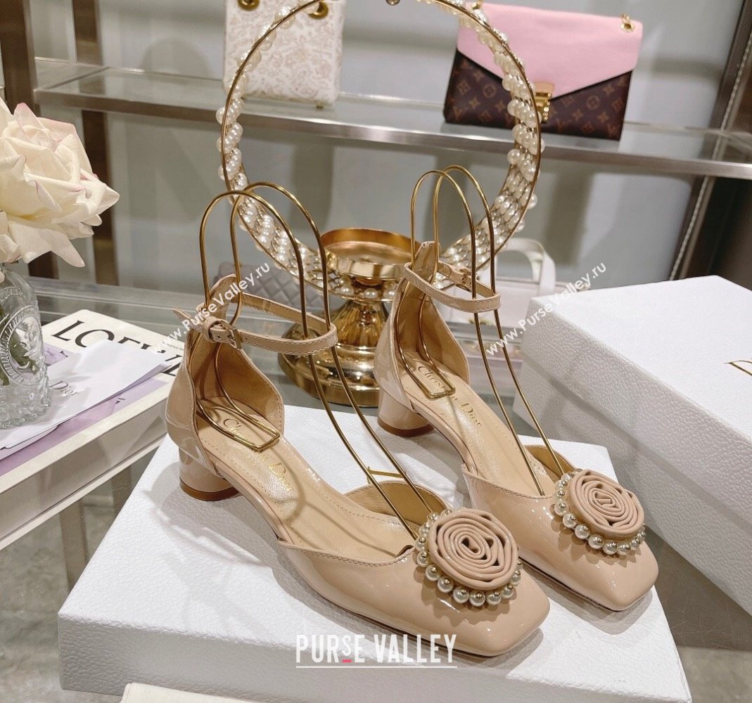 Dior Rose Pumps 3.5cm in Nude Patent Calfskin and White Resin Pearls 2024 (MD-240106045)