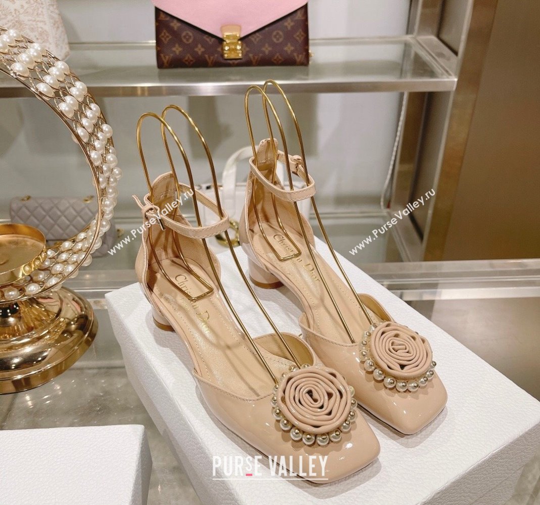 Dior Rose Pumps 3.5cm in Nude Patent Calfskin and White Resin Pearls 2024 (MD-240106045)