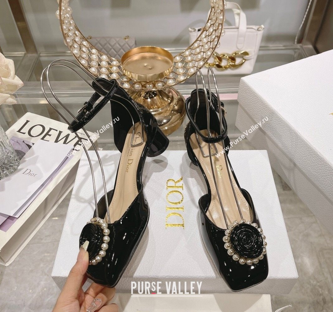 Dior Rose Pumps 3.5cm in Black Patent Calfskin and White Resin Pearls 2024 (MD-240106047)