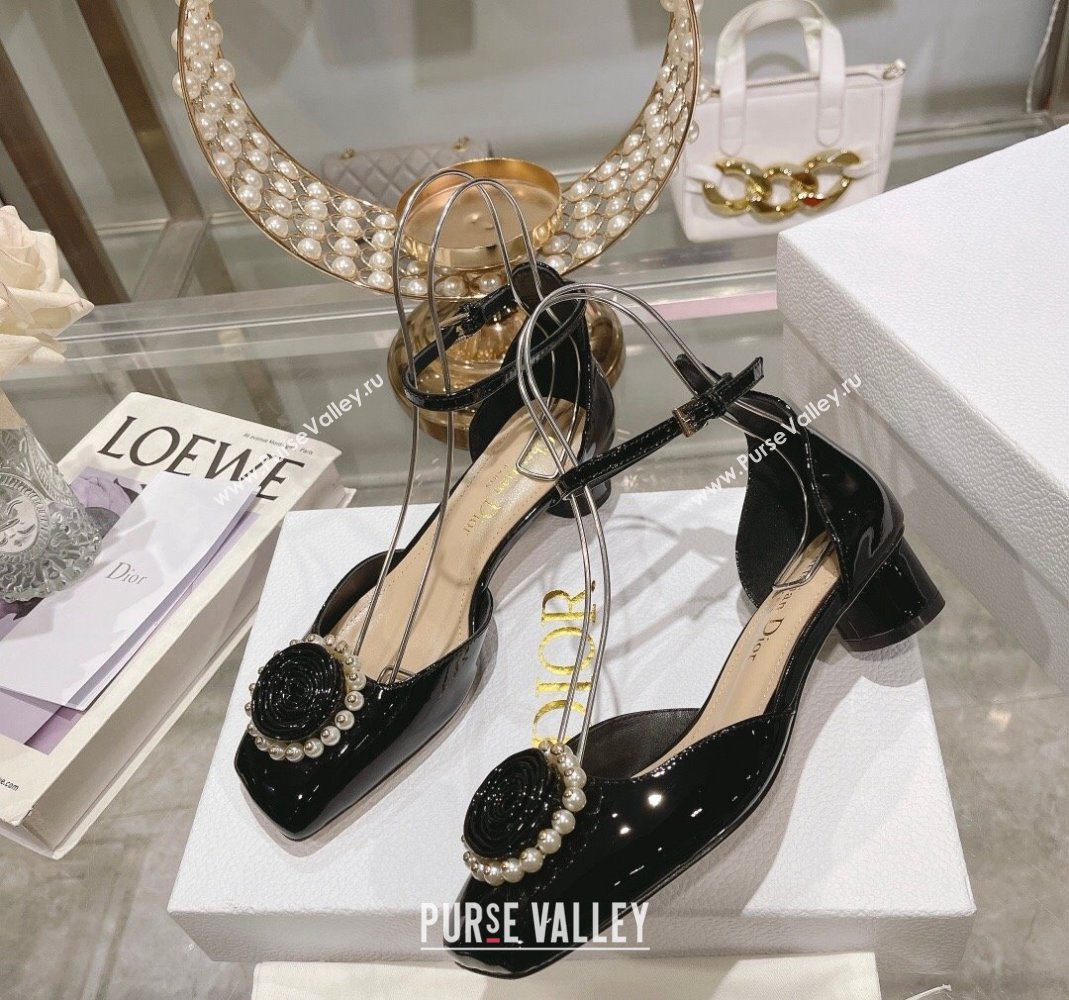 Dior Rose Pumps 3.5cm in Black Patent Calfskin and White Resin Pearls 2024 (MD-240106047)