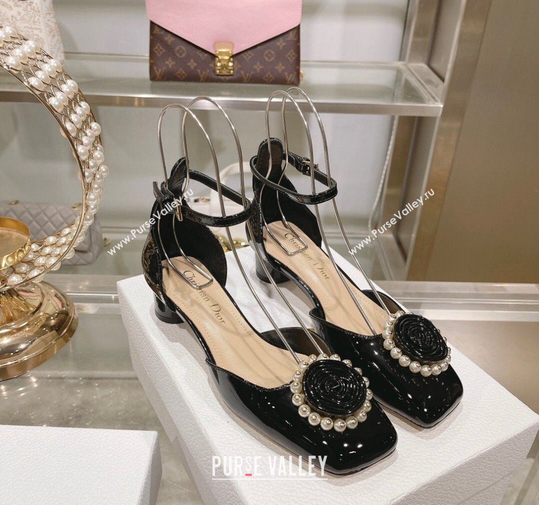 Dior Rose Pumps 3.5cm in Black Patent Calfskin and White Resin Pearls 2024 (MD-240106047)