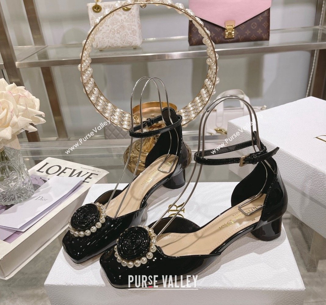 Dior Rose Pumps 3.5cm in Black Patent Calfskin and White Resin Pearls 2024 (MD-240106047)