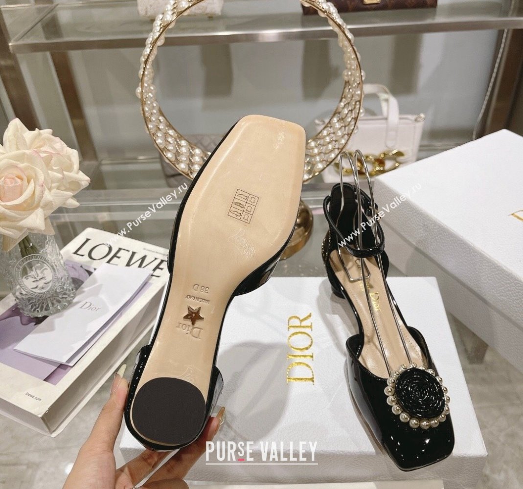 Dior Rose Pumps 3.5cm in Black Patent Calfskin and White Resin Pearls 2024 (MD-240106047)