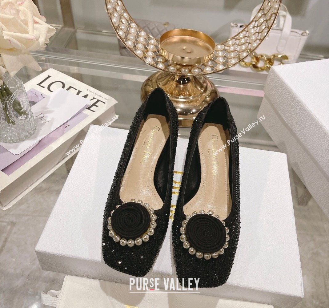 Dior Rose Low Heel Pumps 3.5cm in Suede with Strass and Resin Pearls Black 2024 (MD-240106051)