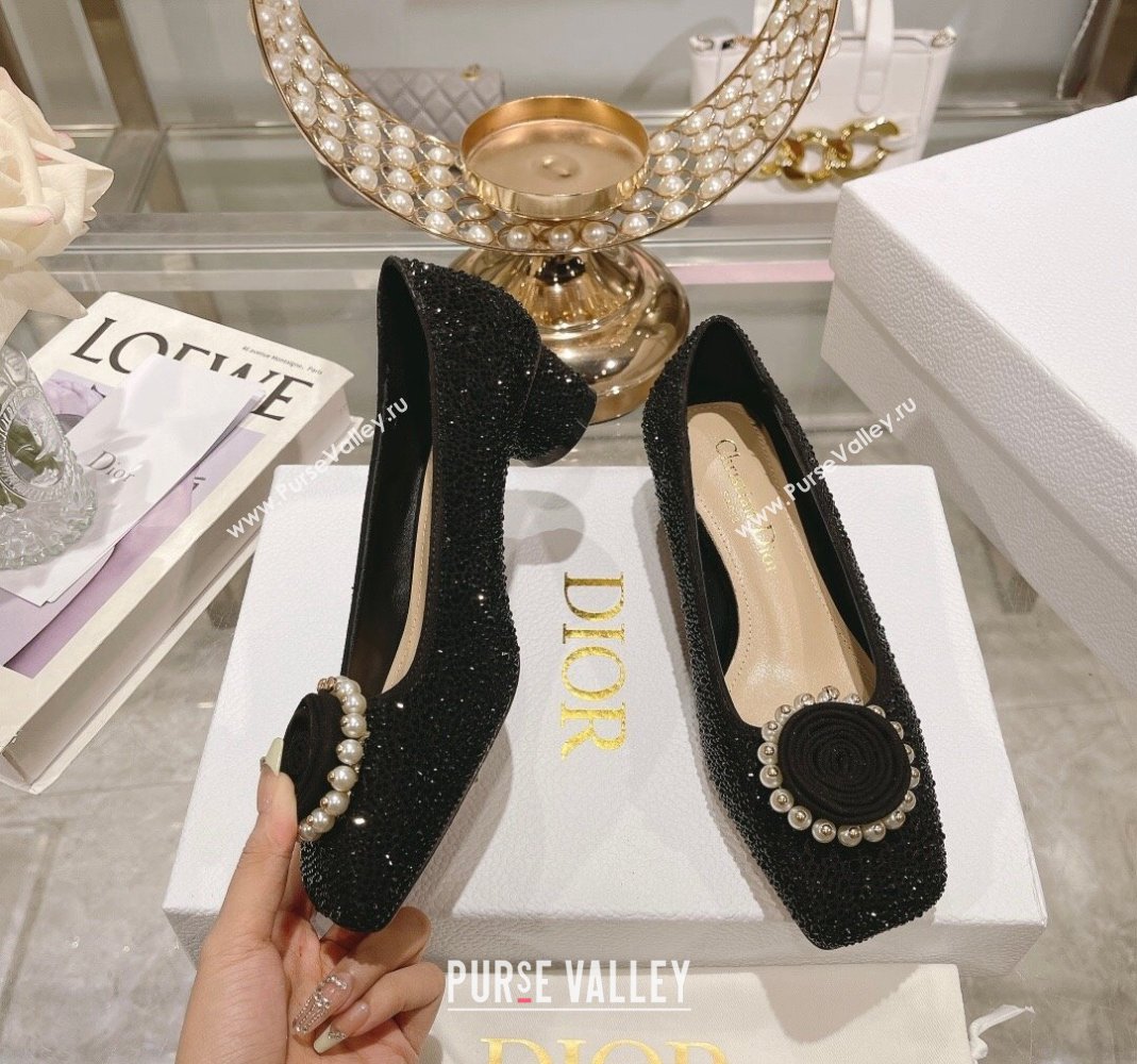 Dior Rose Low Heel Pumps 3.5cm in Suede with Strass and Resin Pearls Black 2024 (MD-240106051)