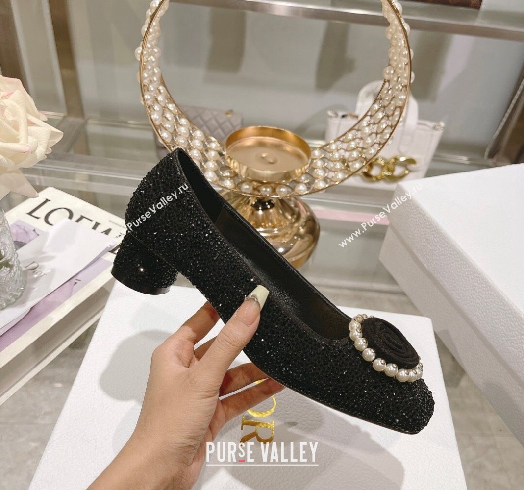 Dior Rose Low Heel Pumps 3.5cm in Suede with Strass and Resin Pearls Black 2024 (MD-240106051)