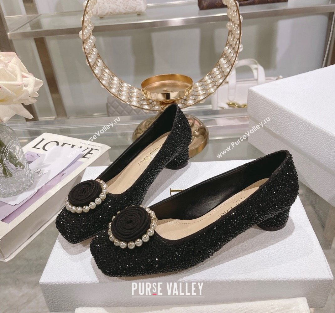 Dior Rose Low Heel Pumps 3.5cm in Suede with Strass and Resin Pearls Black 2024 (MD-240106051)