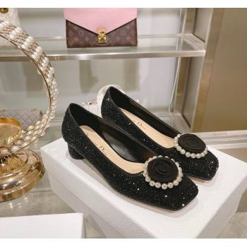 Dior Rose Low Heel Pumps 3.5cm in Suede with Strass and Resin Pearls Black 2024 (MD-240106051)