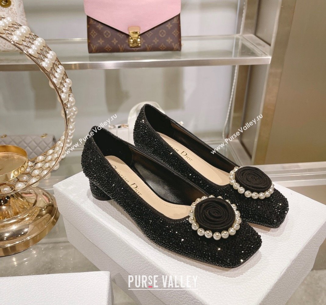 Dior Rose Low Heel Pumps 3.5cm in Suede with Strass and Resin Pearls Black 2024 (MD-240106051)