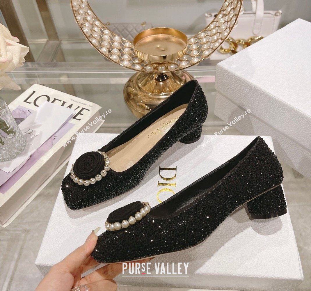 Dior Rose Low Heel Pumps 3.5cm in Suede with Strass and Resin Pearls Black 2024 (MD-240106051)