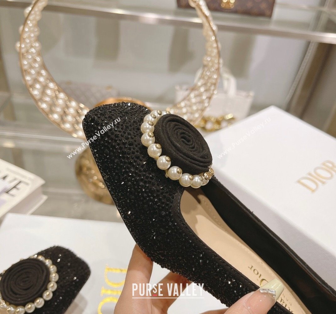 Dior Rose Low Heel Pumps 3.5cm in Suede with Strass and Resin Pearls Black 2024 (MD-240106051)