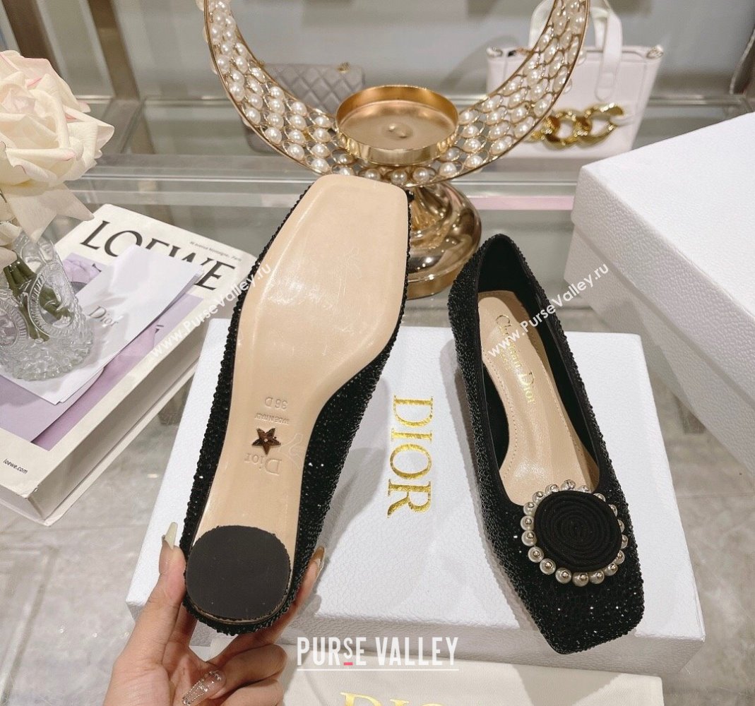 Dior Rose Low Heel Pumps 3.5cm in Suede with Strass and Resin Pearls Black 2024 (MD-240106051)