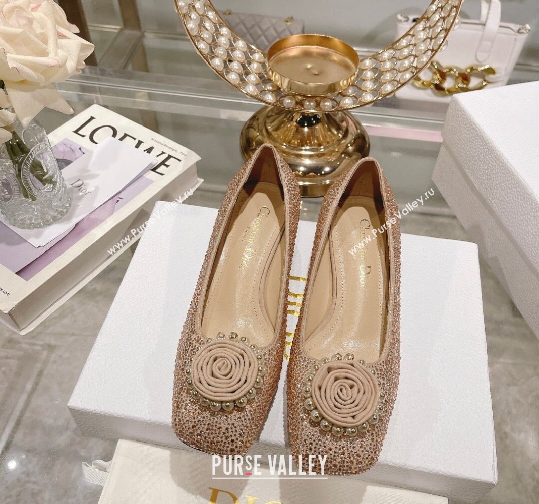 Dior Rose Low Heel Pumps 3.5cm in Suede with Strass and Resin Pearls Apricot 2024 (MD-240106052)