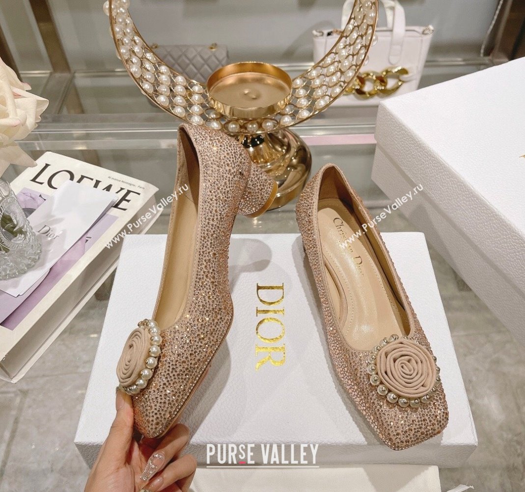 Dior Rose Low Heel Pumps 3.5cm in Suede with Strass and Resin Pearls Apricot 2024 (MD-240106052)