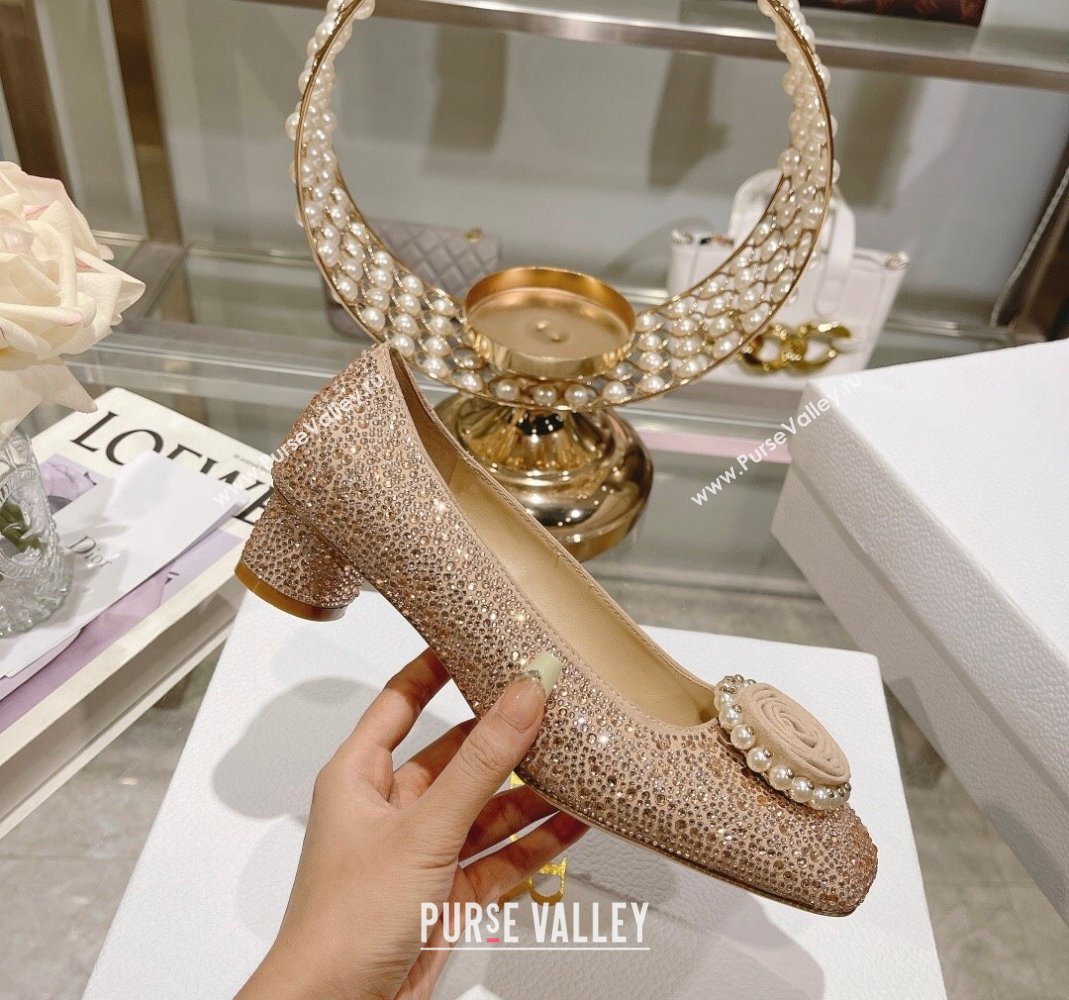 Dior Rose Low Heel Pumps 3.5cm in Suede with Strass and Resin Pearls Apricot 2024 (MD-240106052)