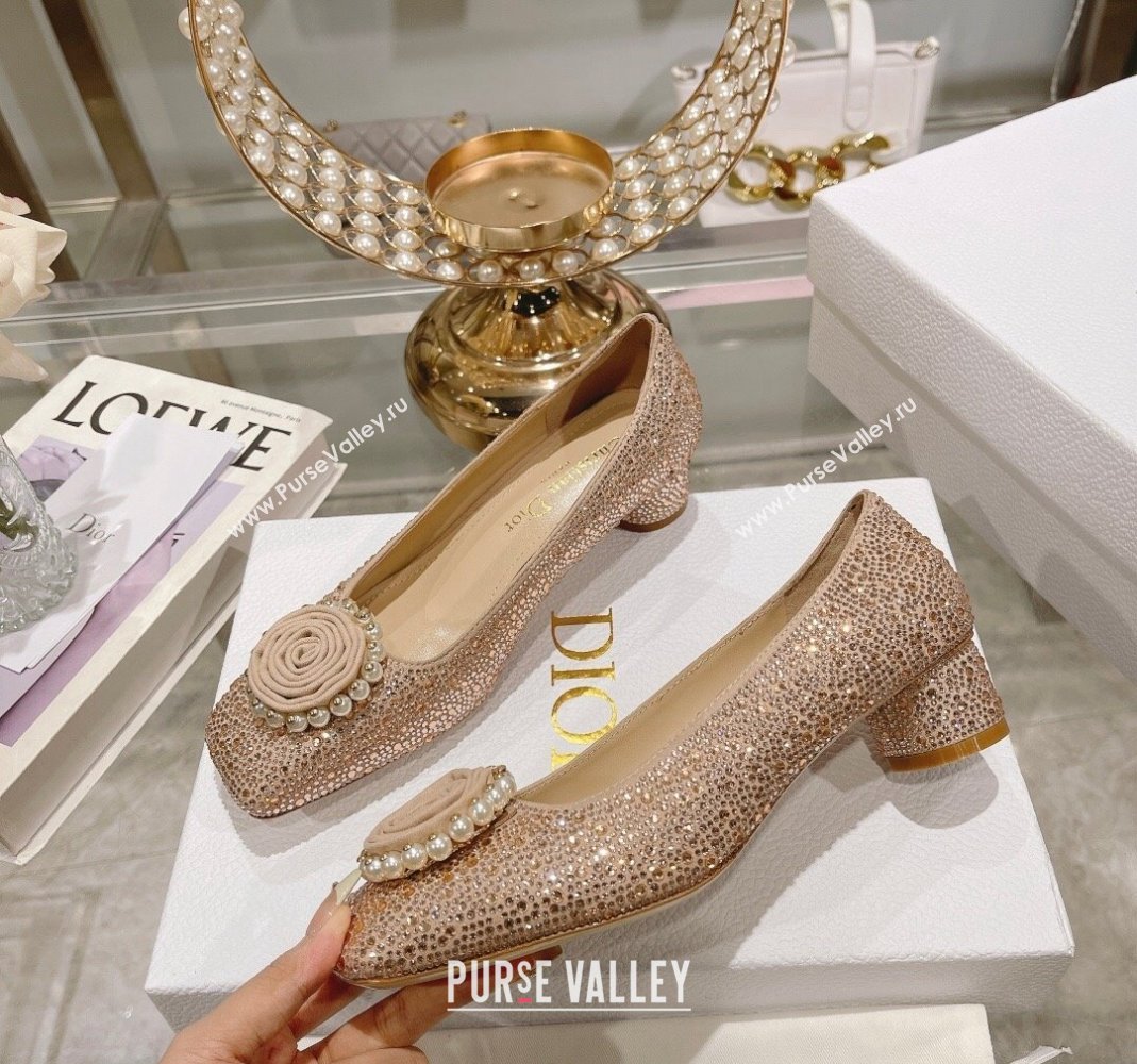 Dior Rose Low Heel Pumps 3.5cm in Suede with Strass and Resin Pearls Apricot 2024 (MD-240106052)