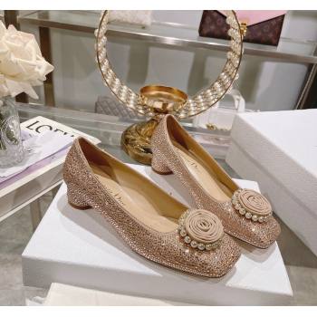 Dior Rose Low Heel Pumps 3.5cm in Suede with Strass and Resin Pearls Apricot 2024 (MD-240106052)