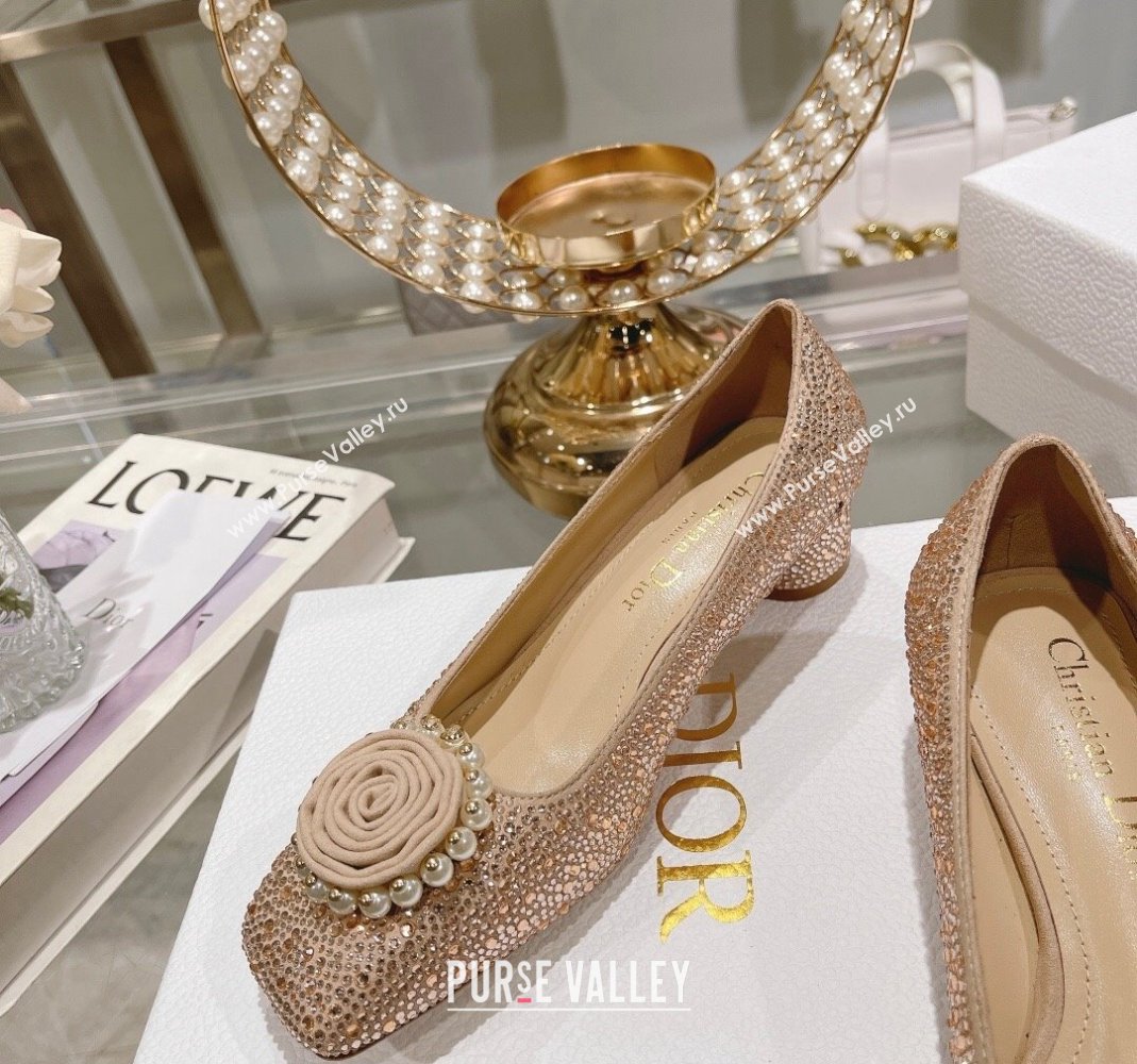 Dior Rose Low Heel Pumps 3.5cm in Suede with Strass and Resin Pearls Apricot 2024 (MD-240106052)