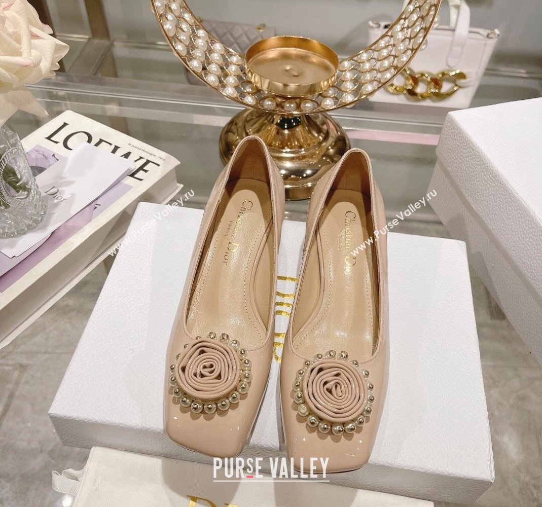 Dior Rose Low Heel Pumps 3.5cm in Patent Calfskin and Resin Pearls Nude 2024 (MD-240106048)