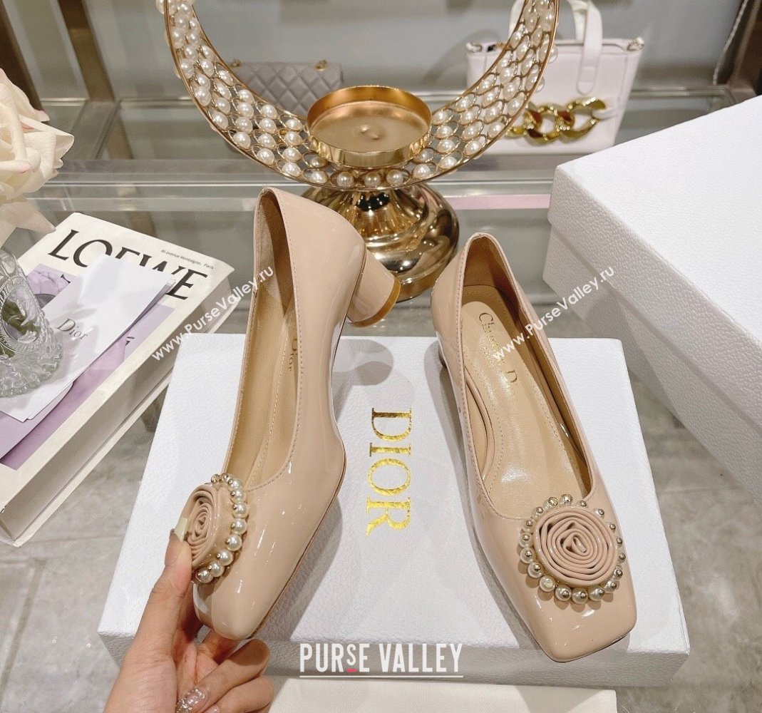 Dior Rose Low Heel Pumps 3.5cm in Patent Calfskin and Resin Pearls Nude 2024 (MD-240106048)