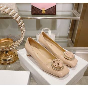 Dior Rose Low Heel Pumps 3.5cm in Patent Calfskin and Resin Pearls Nude 2024 (MD-240106048)