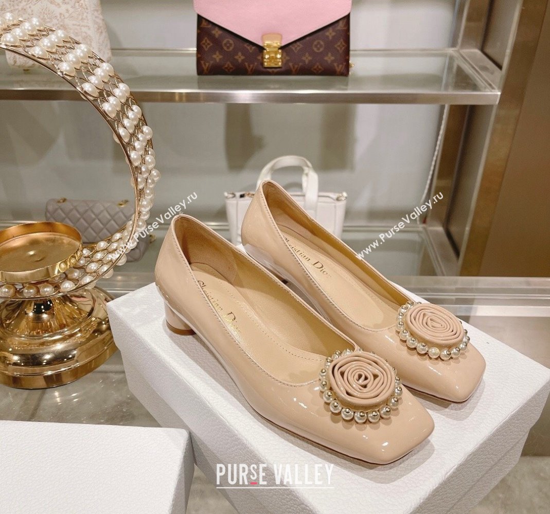 Dior Rose Low Heel Pumps 3.5cm in Patent Calfskin and Resin Pearls Nude 2024 (MD-240106048)