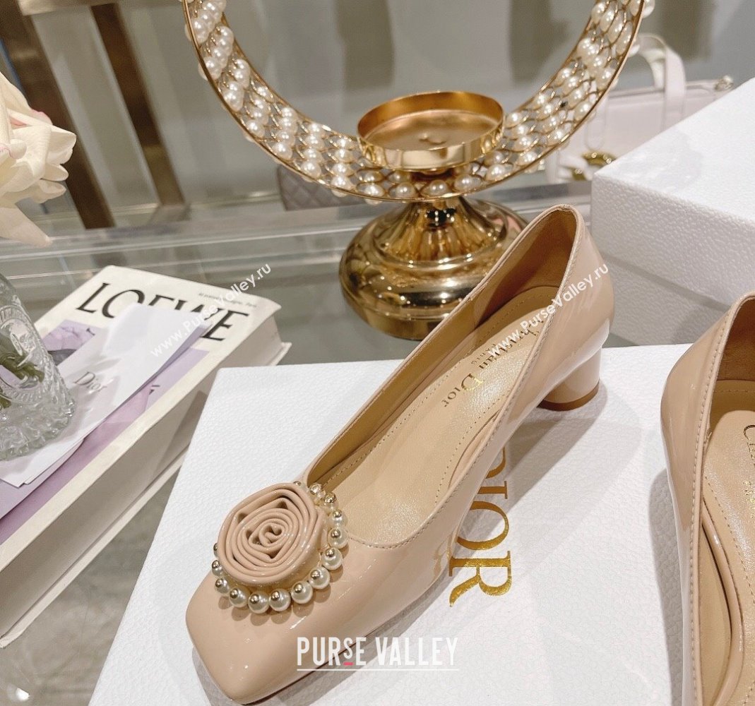 Dior Rose Low Heel Pumps 3.5cm in Patent Calfskin and Resin Pearls Nude 2024 (MD-240106048)