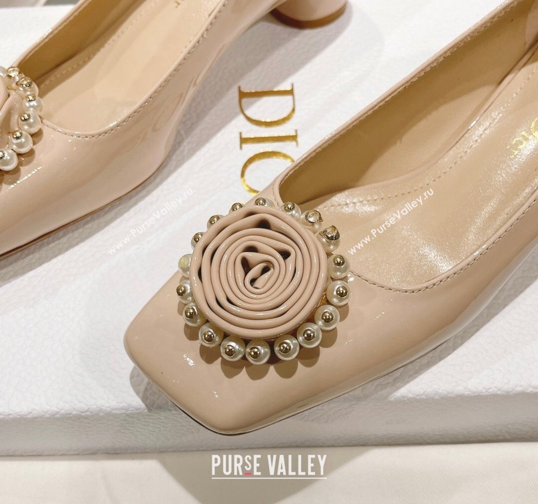 Dior Rose Low Heel Pumps 3.5cm in Patent Calfskin and Resin Pearls Nude 2024 (MD-240106048)