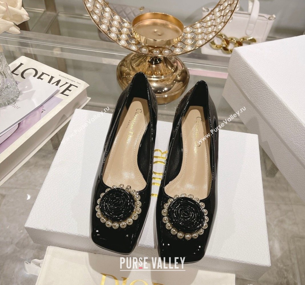 Dior Rose Low Heel Pumps 3.5cm in Patent Calfskin and Resin Pearls Black 2024 (MD-240106049)