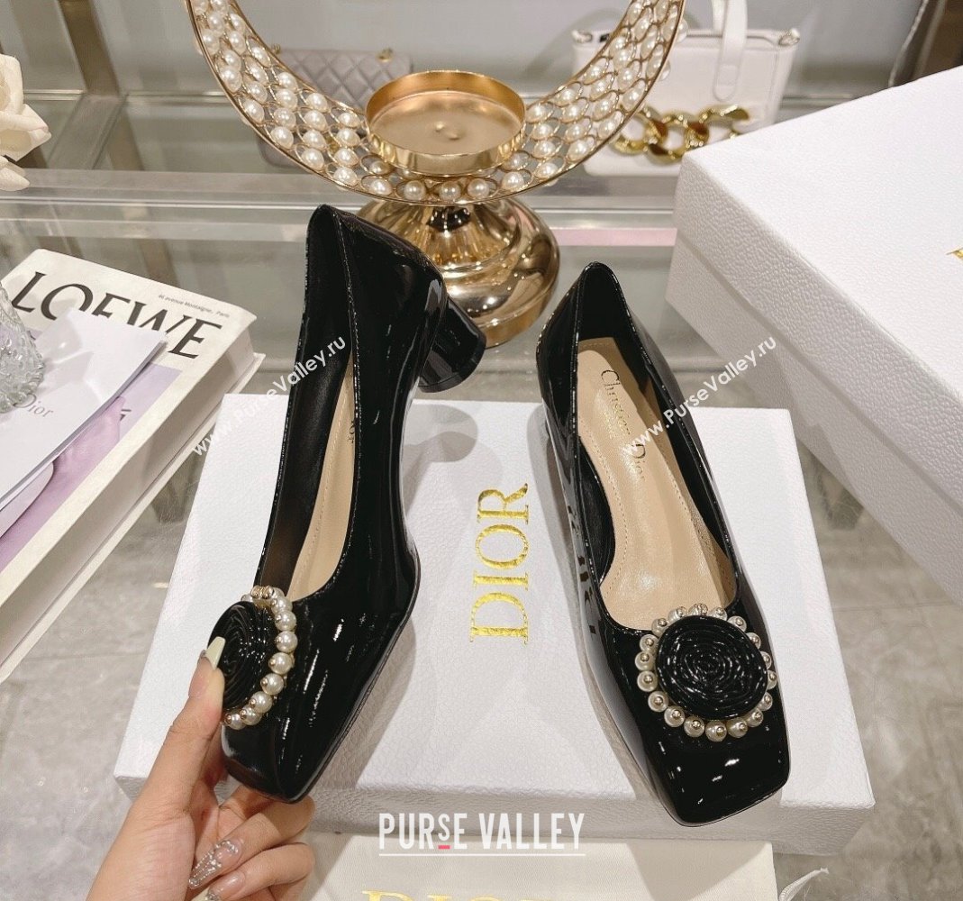 Dior Rose Low Heel Pumps 3.5cm in Patent Calfskin and Resin Pearls Black 2024 (MD-240106049)