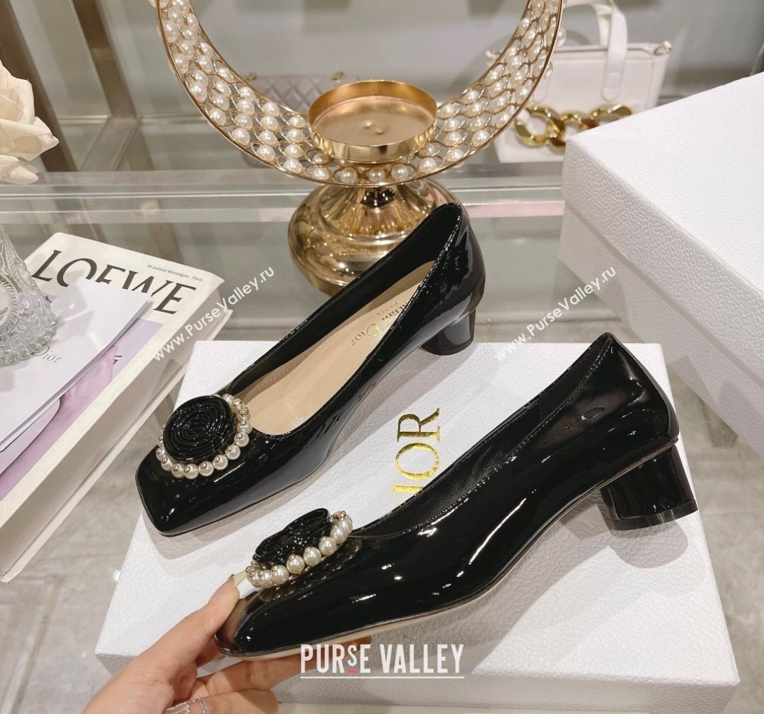 Dior Rose Low Heel Pumps 3.5cm in Patent Calfskin and Resin Pearls Black 2024 (MD-240106049)