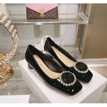 Dior Rose Low Heel Pumps 3.5cm in Patent Calfskin and Resin Pearls Black 2024 (MD-240106049)