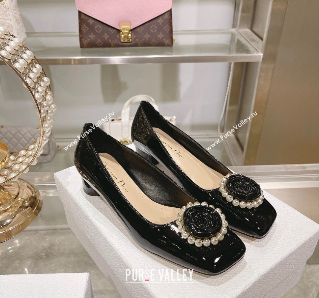 Dior Rose Low Heel Pumps 3.5cm in Patent Calfskin and Resin Pearls Black 2024 (MD-240106049)