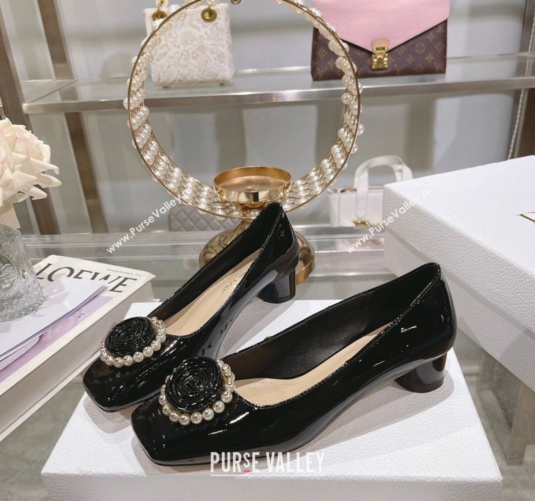 Dior Rose Low Heel Pumps 3.5cm in Patent Calfskin and Resin Pearls Black 2024 (MD-240106049)