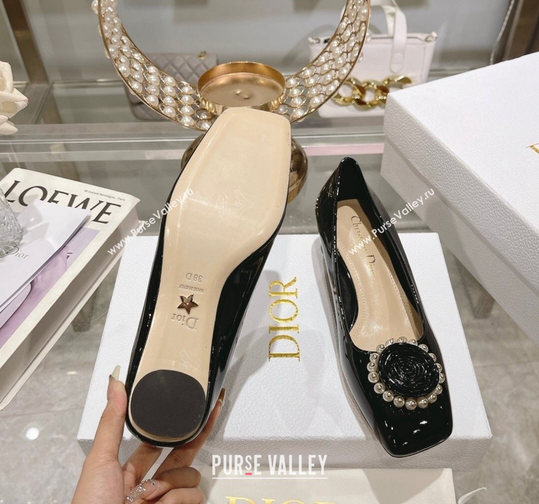 Dior Rose Low Heel Pumps 3.5cm in Patent Calfskin and Resin Pearls Black 2024 (MD-240106049)