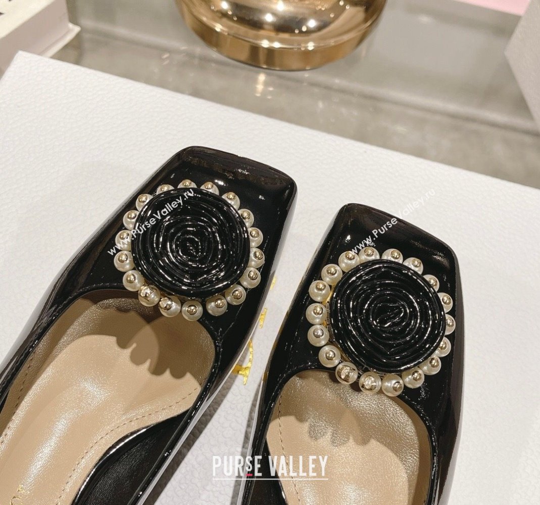 Dior Rose Low Heel Pumps 3.5cm in Patent Calfskin and Resin Pearls Black 2024 (MD-240106049)