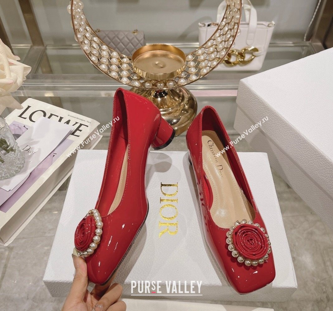 Dior Rose Low Heel Pumps 3.5cm in Patent Calfskin and Resin Pearls Red 2024 (MD-240106050)