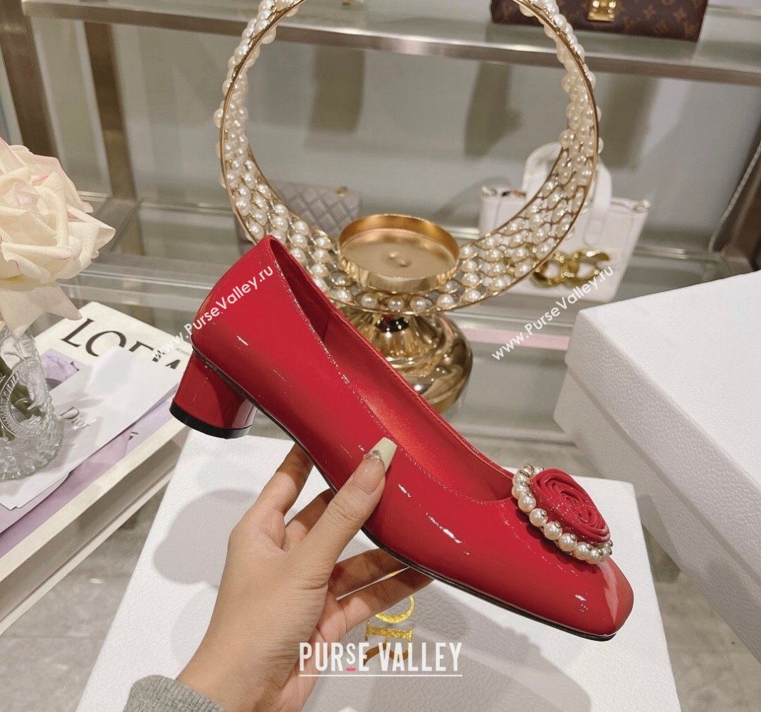 Dior Rose Low Heel Pumps 3.5cm in Patent Calfskin and Resin Pearls Red 2024 (MD-240106050)