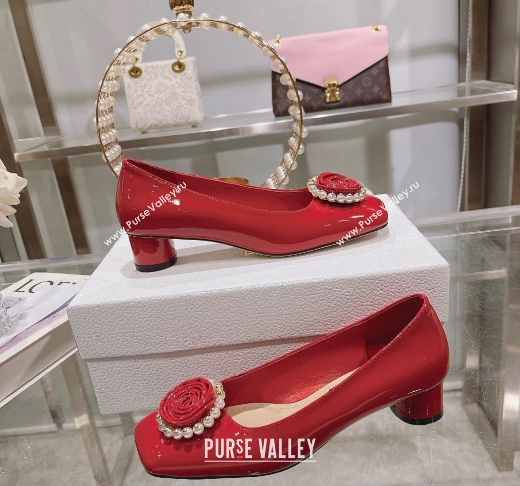 Dior Rose Low Heel Pumps 3.5cm in Patent Calfskin and Resin Pearls Red 2024 (MD-240106050)