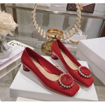 Dior Rose Low Heel Pumps 3.5cm in Patent Calfskin and Resin Pearls Red 2024 (MD-240106050)