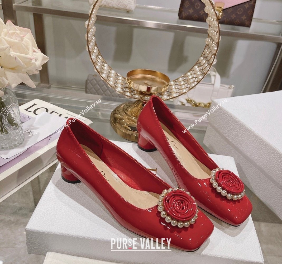 Dior Rose Low Heel Pumps 3.5cm in Patent Calfskin and Resin Pearls Red 2024 (MD-240106050)