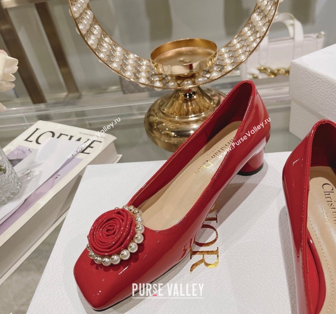 Dior Rose Low Heel Pumps 3.5cm in Patent Calfskin and Resin Pearls Red 2024 (MD-240106050)