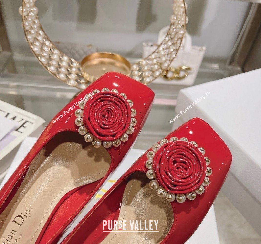 Dior Rose Low Heel Pumps 3.5cm in Patent Calfskin and Resin Pearls Red 2024 (MD-240106050)