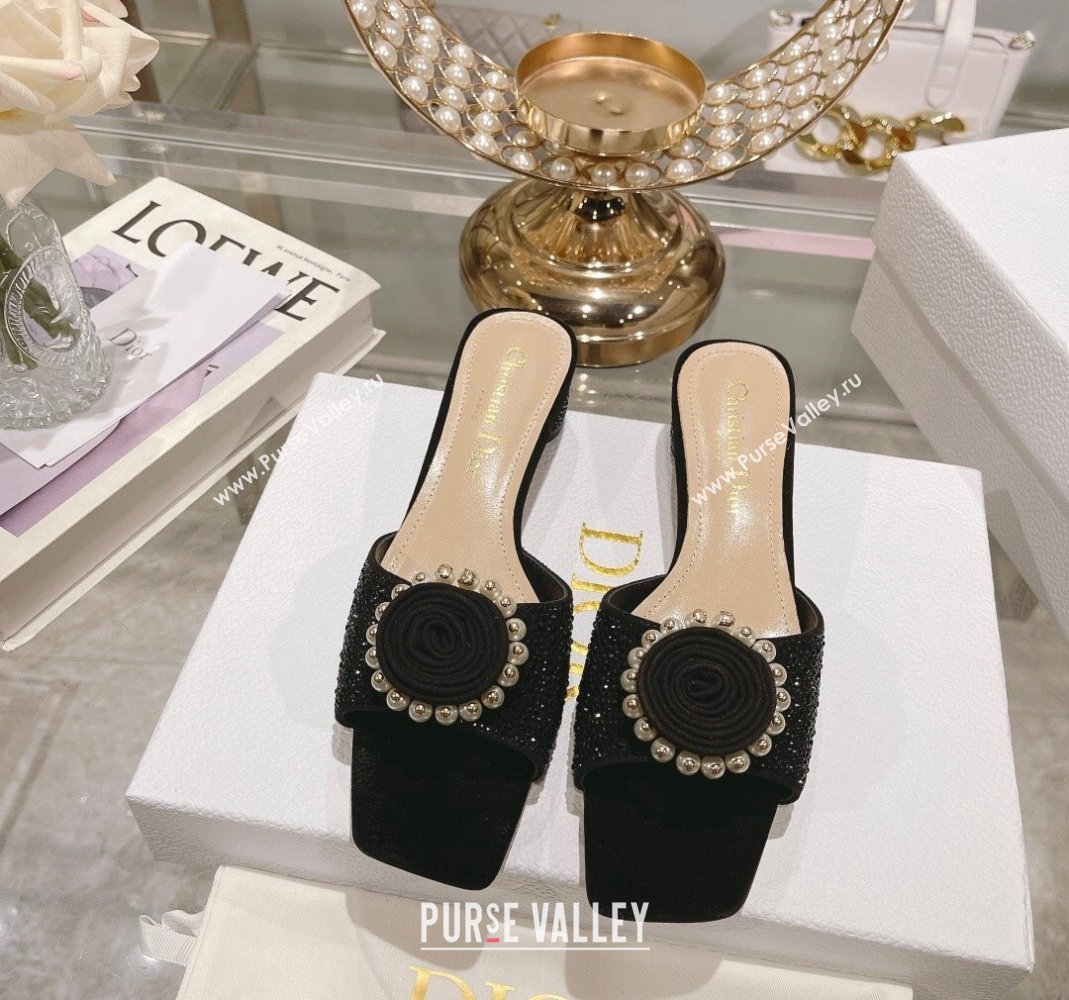 Dior Rose Heel Slide Sandals 3.5cm in Suede with Strass and Resin Pearls Black 2024 (MD-240106053)