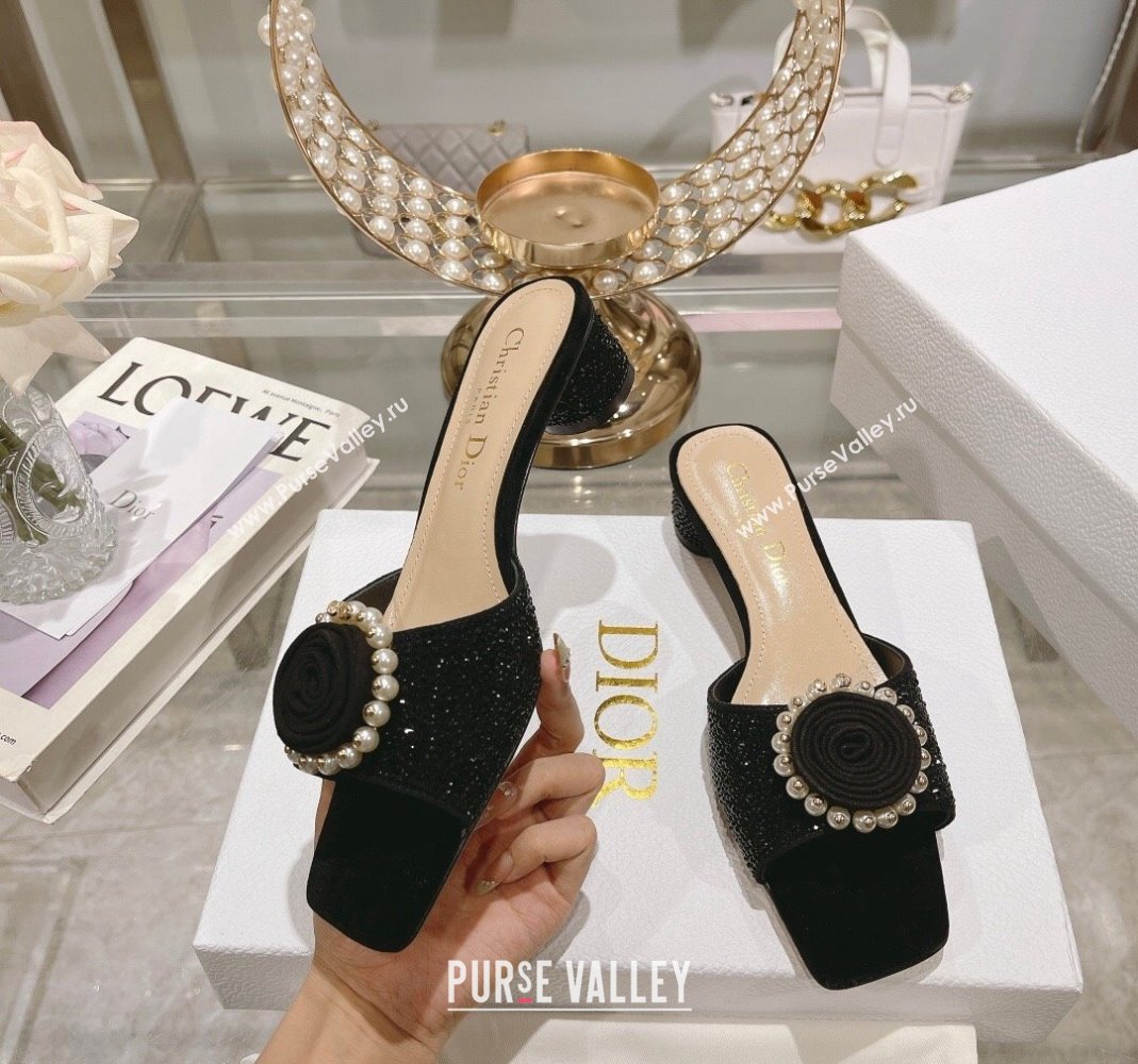 Dior Rose Heel Slide Sandals 3.5cm in Suede with Strass and Resin Pearls Black 2024 (MD-240106053)