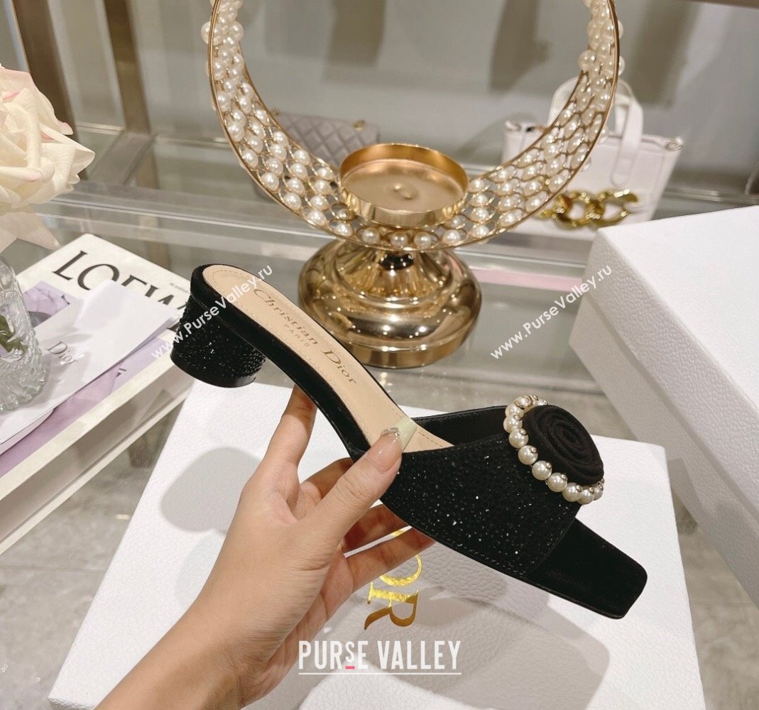 Dior Rose Heel Slide Sandals 3.5cm in Suede with Strass and Resin Pearls Black 2024 (MD-240106053)