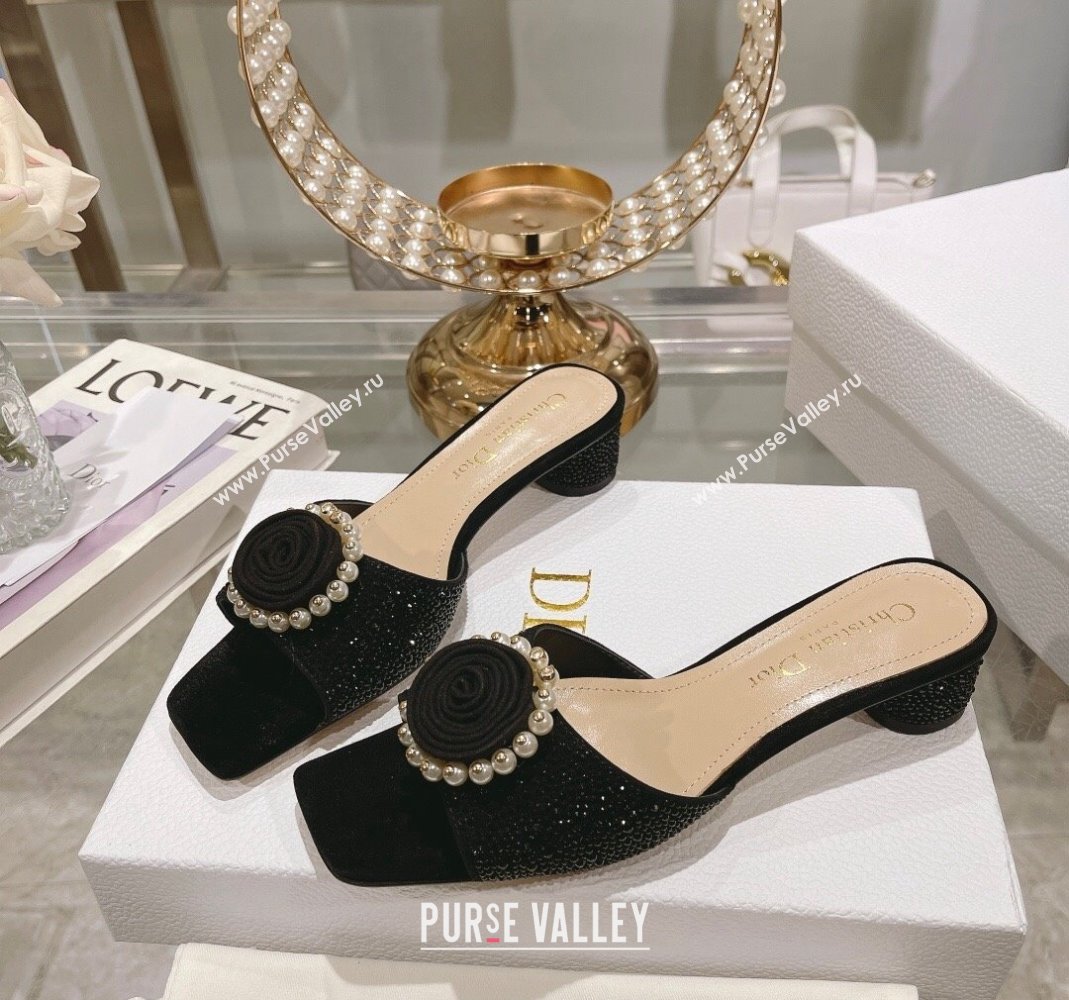 Dior Rose Heel Slide Sandals 3.5cm in Suede with Strass and Resin Pearls Black 2024 (MD-240106053)