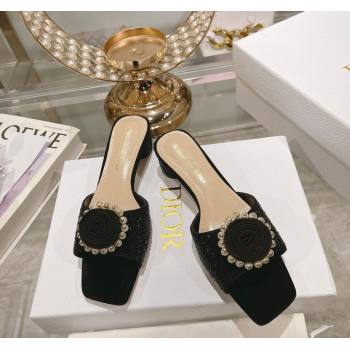 Dior Rose Heel Slide Sandals 3.5cm in Suede with Strass and Resin Pearls Black 2024 (MD-240106053)